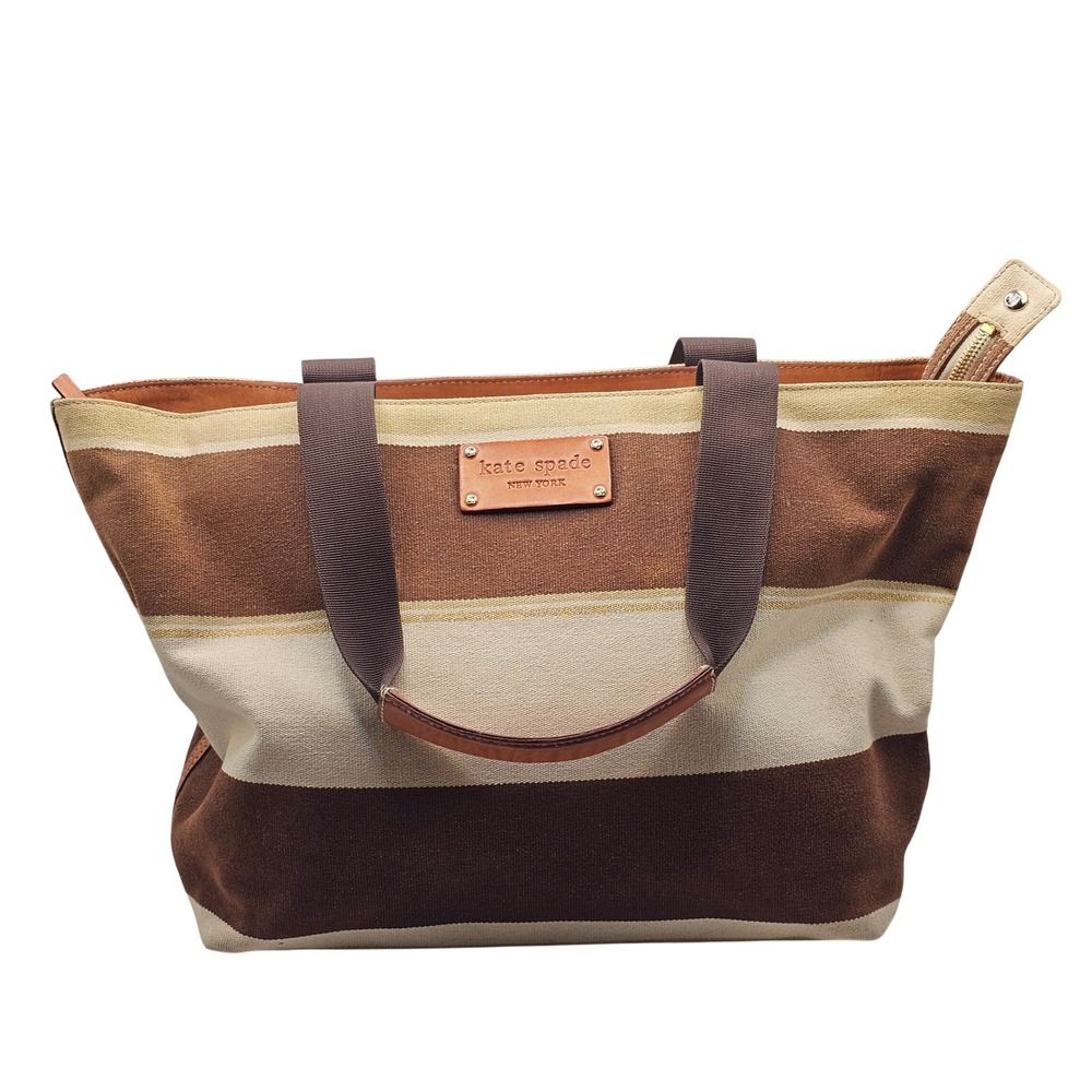Kate Spade Tote Bag Large Brown Cream Striped Preppy Coastal Travel Designer